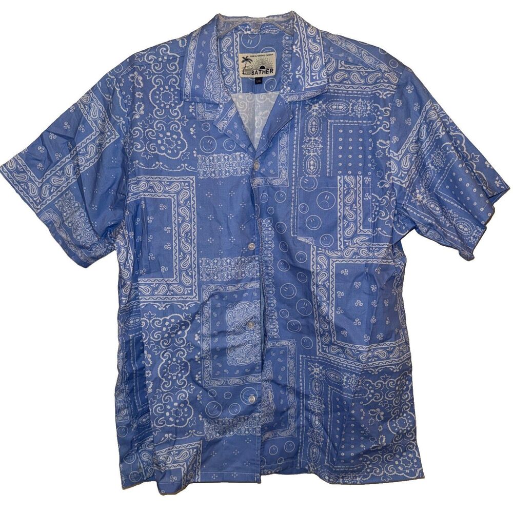 Bather Blue Camp Shirt Short Sleeve Smiley Paisley Pocket Mens Large L EUC